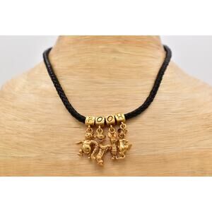 Disney Winnie the Pooh Charm Necklace Black Braided Cord Gold-Tone 1990s BinBE